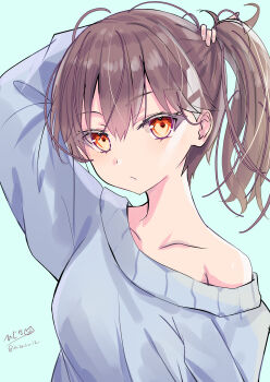Rule 34 | 1girl, absurdres, alternate costume, brown hair, casual, costume, highres, hizaka, kaga (kancolle), kantai collection, long hair, looking at viewer, off shoulder, ponytail, red eyes, solo, sweater, twitter username, upper body