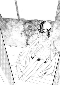 Rule 34 | 1girl, absurdres, against wall, aviator cap, bare arms, bare legs, barefoot, blonde hair, commentary request, donut, dress, feet, food, from above, full body, goggles, goggles on headwear, greyscale, handheld game console, hands up, helmet, highres, holding, indoors, long hair, looking down, monochrome, monogatari (series), mouth hold, nintendo switch, on floor, oshino shinobu, outstretched legs, shishirui san, sleeveless, sleeveless dress, smile, solo, two-handed, very long hair, white dress, white helmet