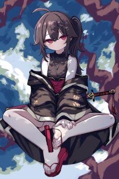 1girl absurdres ahoge bare_legs bare_shoulders black_hair black_jacket expressionless feet hand_on_own_foot head_tilt highres in_tree jacket kimhiro off_shoulder original red_eyes red_sandals red_sash sandals sash sheath sheathed side_ponytail sitting sitting_in_tree solo sword toes tree weapon