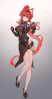 1girl absurdres bare_shoulders black_dress black_footwear black_hairband breasts chinese_hairpin dress earrings elbow_gloves flower_hairpin full_body gloves gradient_background grey_background hair_between_eyes hair_ornament hairband hairpin high_ponytail highres holding holding_string jewelry large_breasts long_hair looking_at_viewer mechanical_hands mole mole_under_each_eye mole_under_eye mufeng_(user_eyvh3584) multiple_moles original panty_straps pointy_ears ponytail purple_eyes purple_lightning red_hair see-through_dress_layer solo string turtleneck turtleneck_dress very_long_hair wuthering_waves yinlin_(wuthering_waves)