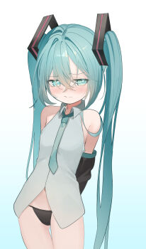 1girl aqua_eyes aqua_necktie arms_behind_back black_panties blue_background blue_hair blush detached_sleeves embarrassed flat_chest gradient_background grey_shirt hair_ornament hatsune_miku kaino_ko_(mmcg5735) loli long_hair long_sleeves looking_to_the_side navel necktie panties shirt sleeveless sleeveless_shirt standing twintails two-tone_background underwear vocaloid white_background