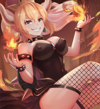 1girl aqua_eyes aqua_gemstone armlet black_dress black_theme black_thighhighs blonde_hair blue_gemstone bowsette bracelet breasts cleavage collar commentary_request covered_erect_nipples covered_navel dolce_(dolsuke) dress earrings female_focus fingernails fire fireball fishnet_thighhighs fishnets food fruit gem high_ponytail horns jewelry large_breasts long_fingernails long_hair looking_at_viewer mario_(series) nail_polish new_super_mario_bros._u_deluxe nintendo orange_(fruit) pointy_ears ponytail pyrokinesis sharp_fingernails sharp_teeth sleeveless sleeveless_dress smile solo spiked_armlet spiked_bracelet spiked_collar spiked_shell spikes strapless strapless_dress super_crown teeth thighhighs unmoving_pattern