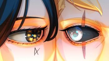 2boys black_hair black_sclera blonde_hair boruto:_two_blue_vortex cheek-to-cheek close-up colored_sclera commentary drawink english_commentary eye_focus eyelashes facial_mark heads_together jougan kawaki_(boruto) kokugan making-of_available male_focus multiple_boys naruto_(series) scar scar_across_eye scar_on_face uzumaki_boruto white_eyes yellow_eyes