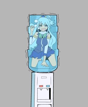 1girl air_bubble aqua_(konosuba) asphyxiation blue_hair blue_shirt blue_skirt bow bowtie bread_forbidden bubble drowning green_bow green_bowtie grey_background highres kneeling kono_subarashii_sekai_ni_shukufuku_wo! looking_at_viewer shirt simple_background skirt solo submerged too_literal underwater water_cooler