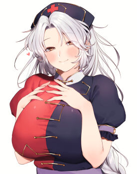 1girl blue_hat blush breasts commentary cross cross_print curtained_hair dress fingernails hands_on_own_chest hat heart highres huge_breasts long_hair looking_at_viewer masanaga_(tsukasa) puffy_short_sleeves puffy_sleeves short_sleeves simple_background smile solo split-color_clothes touhou two-tone_dress upper_body very_long_hair white_background yagokoro_eirin