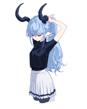 1girl alternate_costume arknights arms_behind_head arms_up black_horns black_pantyhose blue_hair chinese_commentary closed_eyes closed_mouth commentary_request cowboy_shot cropped_legs cynisca_(arknights) facing_viewer hands_in_own_hair highres horns long_hair miniskirt official_artist_extra pantyhose pleated_skirt shirt simple_background skirt solo standing todoroki_masaru tying_hair white_background white_shirt white_skirt