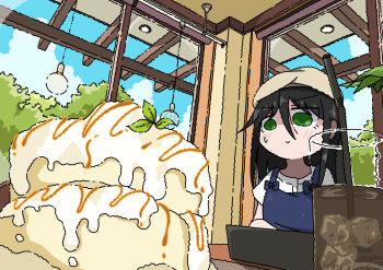 Rule 34 | 1girl, absurdres, apron, black hair, blue apron, closed mouth, cup, day, drinking glass, drinking straw, emesan desu, food, green eyes, hair between eyes, hat, highres, ice, ice cube, indoors, long hair, original, shirt, short sleeves, sweat, white shirt, window