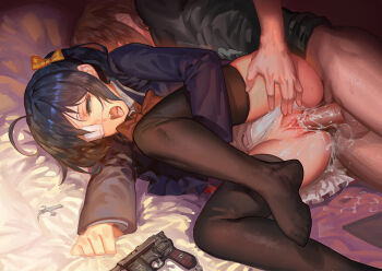 10s 1boy 1girl ahoge alphonse_(white_datura) ass bed bed_sheet black_hair black_thighhighs blue_eyes bow bow_panties chuunibyou_demo_koi_ga_shitai! clitoris clothed_sex clothing_aside cross cum cum_in_pussy eyepatch feet gun hair_bow hair_ornament handgun hetero highres indoors lying mauser_c96 moaning no_shoes on_side open_mouth panties panties_aside penis pistol pussy pussy_juice saliva school_uniform sex sex_from_behind sheet_grab short_hair side_ponytail skindentation skirt spooning spread_legs spread_pussy sweat takanashi_rikka tears testicles thigh_grab thighhighs thighs third-party_edit togashi_yuuta tongue tongue_out uncensored underwear upskirt vaginal weapon white_panties