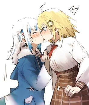 2girls animal_hood blonde_hair blue_eyes blue_hair blue_nails blush closed_eyes clothes_grab fins fish_tail gawr_gura gawr_gura_(1st_costume) grey_hair hair_ornament highres hololive hololive_english hood hood_down kiss looking_at_another medium_hair multicolored_hair multiple_girls nail_polish necktie necktie_grab neckwear_grab shark_hair_ornament shark_hood shark_tail shew_(shew03) short_hair simple_background streaked_hair sweatdrop tail virtual_youtuber watson_amelia watson_amelia_(1st_costume) white_background yuri