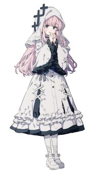 1girl absurdres blonde_hair cross cross_earrings dress earrings frilled_dress frilled_sleeves frills full_body hands_up highres hikami_meruru jewelry long_hair long_sleeves looking_at_viewer mahou_shoujo_no_majo_saiban migolu open_mouth own_hands_together pantyhose priestess purple_eyes shoes simple_background solo standing sweatdrop veil white_background white_dress white_pantyhose white_shoes white_veil