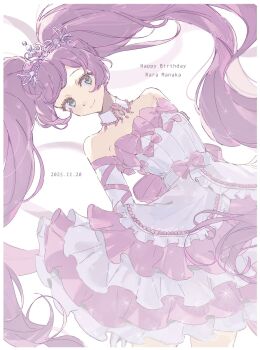1girl bare_shoulders bow character_name collar commentary dated detached_collar detached_sleeves dress dress_bow green_eyes happy_birthday hashtag-only_commentary highres idol idol_clothes legs_apart light_blush long_hair looking_at_viewer manaka_laala medium_dress pink_bow pink_dress pink_sleeves poteto_(mochimochinc) pretty_series pripara purple_hair sleeveless sleeveless_dress smile solo standing straight_hair strapless strapless_dress symbol-only_commentary tiara two-tone_dress two-tone_sleeves very_long_hair white_collar white_dress white_sleeves
