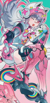 absurdres animal_ear_headwear animal_ears aqua_background bandaid bandaid_on_face bandaid_on_nose controller fake_animal_ears game_controller grey_hair grey_shirt high_heels highres holding holding_controller holding_game_controller long_hair mechanical_arms mechanical_legs multicolored_hair nanami:_startrail_(candy_rider)_(pgr) nanami_(pgr) official_alternate_costume one_eye_closed open_mouth pink_eyes pink_streaks punishing:_gray_raven shirt skates star-shaped_pupils star_(symbol) streaked_hair symbol-shaped_pupils ting_zhi_yue