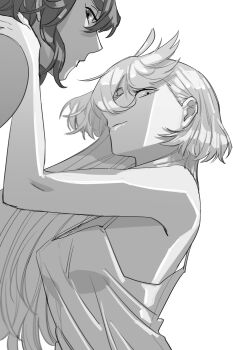 2girls absurdres bare_arms camisole closed_mouth commentary_request greyscale gundam gundam_suisei_no_majo hand_on_another&#039;s_shoulder highres korean_commentary long_hair looking_at_viewer miorine_rembran monochrome multiple_girls smile snapagi suletta_mercury upper_body yuri