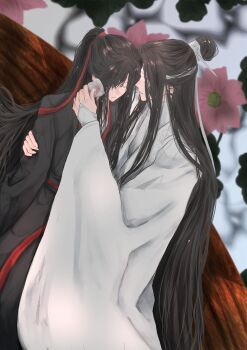 2boys absurdres bishounen black_hair black_hanfu blood blurry blurry_background boat chinese_clothes closed_eyes closed_mouth couple flower hair_ribbon hanfu headband high_ponytail highres holding holding_towel hug lan_wangji long_hair long_sleeves lotus lotus_leaf male_focus modao_zushi multiple_boys naruse_(kmk648) on_boat ponytail red_ribbon red_sash ribbon robe sash sidelocks sitting sitting_on_lap sitting_on_person sleeves_past_wrists topknot towel very_long_hair water watercraft wei_wuxian white_hanfu white_headband wide_sleeves wiping_blood wiping_face xiao_guan_(headdress) yaoi