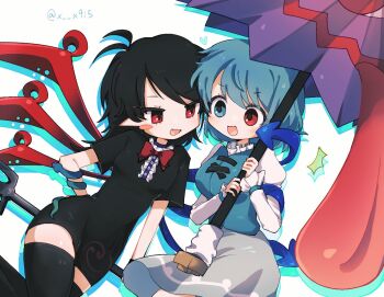2girls asymmetrical_wings black_dress black_hair black_thighhighs blue_eyes blue_hair blue_vest blue_wings blush blush_stickers bow bowtie breasts center_frills commentary_request dress drop_shadow fang feet_out_of_frame frills grey_skirt heterochromia holding holding_polearm holding_weapon houjuu_nue karakasa_obake kiwi_(x_x915) looking_at_another medium_breasts multiple_girls open_mouth pointy_ears polearm purple_umbrella red_bow red_bowtie red_eyes red_wings shirt short_dress short_hair short_sleeves simple_background skin_fang skirt small_breasts snake tatara_kogasa thighhighs tomoe_(symbol) tongue touhou trident umbrella vest weapon white_background white_shirt wing_hug wings
