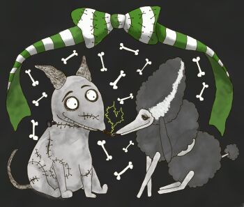 1boy 1girl animal animal_ears animal_nose black_background black_eyes black_fur bone bow disney dog dog_ears animal_nose dog_tail electricity eyelashes feet frankenweenie fur green_bow green_ribbon head highres jack_russel_terrier light lips monster neck neckbolt needle nose persephone_(frankenweenie) poodle ribbon sitting smile sparky_(frankenweenie) stitches tail thick_eyebrows thick_eyelashes thick_thighs thighs tim_burton_(style) white_fur white_trim yuyu