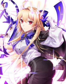 1girl ahoge archetype_earth archetype_earth_(celebratory_attire) archetype_earth_(third_ascension) arcueid_brunestud arms_up ass black_capelet black_pantyhose black_shorts blonde_hair blue_bow blue_gloves blue_sash bow breasts buttons capelet chest_bow cowboy_shot crown earrings english_text fate/grand_order fate_(series) floating_crown gloves glowing glowing_crown glowing_hair gold_trim hair_bow jewelry kamuinii leaning_forward long_sleeves looking_at_viewer medium_breasts pantyhose parted_lips puffy_sleeves red_eyes sash shirt shorts side_cape star_(symbol) striped_clothes striped_shirt striped_shorts sword watermark weapon web_address white_shirt wrist_bow