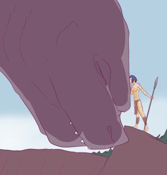 1girl absurdres ammunition arrow_(projectile) blue_hair bow bow_(weapon) breasts closed_eyes cloud dark_cloud forest giant giant_monster godzilla godzilla_(monsterverse) godzilla_(series) highres jungle kaiju legendary_pictures loincloth midriff monster monsterverse mountain mutant_(godzilla) nature nekozumia nipples nude polearm quiver saegusa_miki_(godzilla) scar short_hair spear storm toho topless_female tree warner_bros. weapon