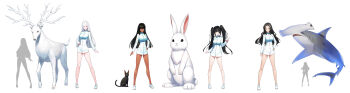 4girls absurdres animal black_hair blue_eyes breasts brown_eyes cat commentary_request commission dark-skinned_female dark_skin deer epaulettes full_body hammerhead_shark highres jacket large_breasts long_hair looking_at_viewer military_jacket multiple_girls mytea_(soso) original oversized_animal pale_skin rabbit red_eyes strike_witches twintails white_background white_hair world_witches_series
