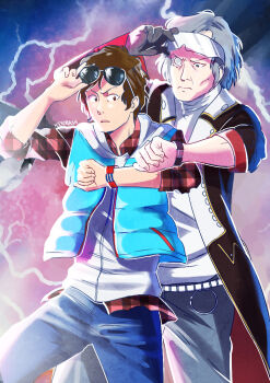 2boys adjusting_eyewear aged_up aqua_vest artificial_eye artist_name back_to_the_future blue_pants brown_coat brown_eyes brown_hair clenched_hand coat commentary english_commentary eyewear_on_head fingernails gloves grey_hair grey_hoodie grey_pants hood hood_down hoodie junpei_(kyokugen_dasshutsu) keycrash kyokugen_dasshutsu kyokugen_dasshutsu:_9_jikan_9_nin_9_no_tobira kyokugen_dasshutsu_adv:_zennin_shibou_desu lightning long_sleeves male_focus mechanical_eye multiple_boys old old_man open_clothes open_coat open_mouth open_vest pants plaid_clothes plaid_shirt poster_parody red_shirt shirt short_hair sigma_(kyokugen_dasshutsu) single_glove spoilers sunglasses vest watch white_shirt wristwatch