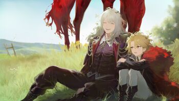 1boy 1girl ^_^ aiguillette animal ankle_boots aristocratic_clothes black_boots black_coat blonde_hair blue_sky boots buttons closed_eyes closed_mouth coat collared_coat collared_shirt commentary crossed_arms curtained_hair day don_quixote_(project_moon) duoyuanjun elbows_on_knees english_commentary epaulettes falling_leaves feather_boa fence fold-over_boots full_body gem gold_trim grass grazing_(livestock) happy hemokinesis highres hill horse jewelry knees_up la_manchaland's_don_quixote_(project_moon) lapels laughing leaf leaf_in_hair limbus_company long_sleeves looking_at_another medium_hair messy_hair nature necklace on_grass open_clothes open_coat open_mouth outdoors pants pants_tucked_in parted_bangs project_moon raised_inner_eyebrows red_coat red_eyes red_fur red_gemstone red_horse red_pants red_shirt rocinante_(project_moon) sancho_(project_moon) shirt side-by-side sidelocks sitting sky striped_clothes striped_shirt sunlight tall_grass teeth tree upper_teeth_only vertical-striped_clothes vertical-striped_shirt white_hair white_pants white_shirt wind wooden_fence