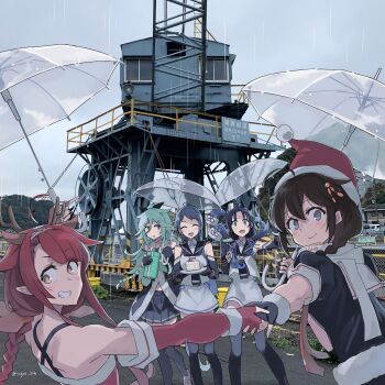 ahoge black_hair black_serafuku black_shirt black_skirt braid fake_antlers grey_eyes grin hat highres kantai_collection kawakaze_(christmas)_(kancolle) kawakaze_(kancolle) kawakaze_kai_ni_(kancolle) official_alternate_costume outdoors pleated_skirt pointy_ears red_eyes sailor_collar samidare_(kancolle) santa_hat school_uniform serafuku shigure_(kancolle) shigure_kai_ni_(christmas)_(kancolle) shigure_kai_ni_(kancolle) shirt single_braid skirt sleeveless sleeveless_shirt smile sugue_tettou suzukaze_(kancolle) transparent transparent_umbrella umbrella white_sailor_collar yamakaze_(kancolle) yellow_eyes