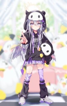 1girl alternate_costume azusa_(blue_archive) black_hoodie black_socks blue_archive blurry blurry_background blush carrying carrying_under_arm closed_mouth clothes_writing commentary_request crossed_bangs demon_tail fake_tail feathered_wings flower frilled_skirt frills frown full_body hair_between_eyes hair_flower hair_ornament hair_over_shoulder halo highres holding holding_stuffed_toy hood hood_up hoodie indoors kneehighs kuroi_mimei long_hair long_sleeves looking_at_viewer loose_socks low_wings miniskirt outstretched_arm purple_eyes purple_flower purple_skirt purple_thighhighs shoes signature skirt skullman_(blue_archive) socks solo standing straight_hair striped_clothes striped_thighhighs stuffed_toy tail thighhighs v white_hair white_shoes white_wings wings yellow_halo zettai_ryouiki