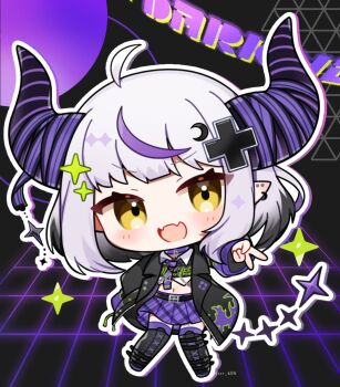 1girl :d ahoge black_background black_boots black_hair black_jacket blunt_bangs blush boots chibi chibi_only commentary cropped_shirt fangs full_body hand_up highres hololive horns jacket kashiwase_karune la+_darknesss looking_at_viewer midriff multicolored_hair navel open_clothes open_jacket open_mouth outline plaid_clothes plaid_skirt pleated_skirt purple_hair purple_skirt purple_thighhighs shirt short_hair skin_fangs skirt smile solo sparkle_hair_ornament standing streaked_hair symbol-only_commentary thigh_boots thighhighs thighhighs_under_boots twitter_username v virtual_youtuber white_hair white_outline white_shirt yellow_eyes
