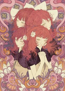 Rule 34 | 2girls, abstract background, art nouveau, black sleeves, bow, closed mouth, commentary, cracked skin, devola, dress, english commentary, fishnet cutout, flower, green eyes, hagushka, hair flower, hair ornament, interlocked fingers, light smile, long hair, looking at viewer, looking to the side, lunar tear, multiple expressions, multiple girls, multiple views, nier, nier (series), own hands clasped, own hands together, palms together, popola, red dress, red hair, siblings, sisters, smile, standing, twins, white flower, wide sleeves