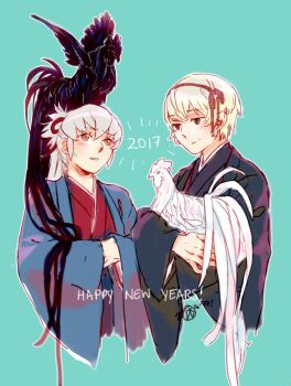 2017 2boys baka_mandy bird chicken chinese_zodiac fire_emblem fire_emblem_fates hair_ribbon happy_new_year japanese_clothes leo_(fire_emblem_fates) multiple_boys new_year nintendo red_ribbon ribbon rooster takumi_(fire_emblem) year_of_the_rooster