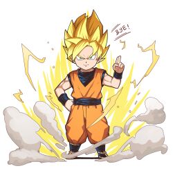 Rule 34 | &gt;:), 1boy, blonde hair, blue eyes, blue shirt, brown footwear, chibi, closed mouth, dougi, dragon ball, full body, hand up, highres, jchoy, looking at viewer, male focus, salute, shirt, sleeveless, sleeveless shirt, smile, smoke, solo, son goku, standing, super saiyan, thick eyebrows, two-finger salute, two-tone background, v-shaped eyebrows, white background, yellow background