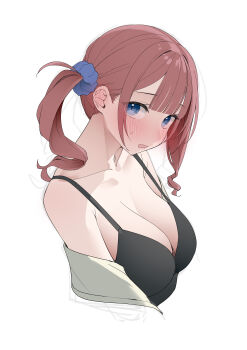 1girl absurdres bare_shoulders black_bra blue_eyes blue_scrunchie blush bra breasts brown_hair cleavage hair_ornament hair_scrunchie highres kawai_ritsu_(rits_meg) large_breasts long_hair looking_at_viewer mochizuki_honami off_shoulder open_mouth project_sekai scrunchie side_ponytail simple_background solo sweat underwear white_background