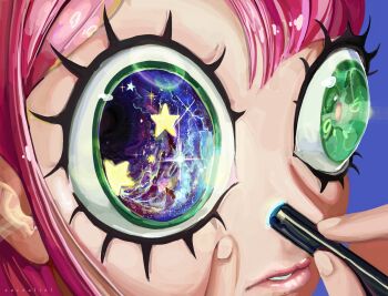 1girl applying_makeup artist_name blue_background commentary constellation cosmetics english_commentary eye_focus eye_reflection eyelashes fingernails galaxy green_eyes highres holding lamp lips lipstick lipstick_tube looking_at_viewer makeup makeup_brush mascara original parted_lips pink_hair pink_lips planet reflection simple_background sky solo space star_(sky) star_(symbol) starry_sky surreal symbol_in_eye transparent zarzaliel