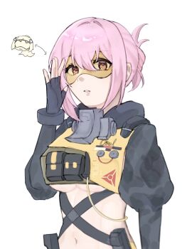 arrow_(symbol) black_gloves breasts chibi chibi_inset commentary cosplay fingerless_gloves gloves hair_between_eyes hand_up highres juliet_sleeves long_sleeves looking_at_viewer medium_breasts midriff navel nomura_(rxnt_n) parted_lips pink_hair pouch puffy_sleeves sidelocks symbol-only_commentary trigger_(zenless_zone_zero) trigger_(zenless_zone_zero)_(cosplay) tsukishiro_yanagi underboob upper_body zenless_zone_zero