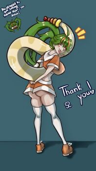 Rule 34 | ahoge, ass, breasts, chibi, earrings, fangs, fingerless gloves, forked tongue, gloves, green hair, highres, hood, hoodie, jewelry, knockout, large breasts, mixed martial arts, mma gloves, multicolored hair, orange eyes, orange hair, original, rattlesnake, self-upload, shoes, signature, snake tail, sneakers, stomach, synchra, tail, thank you, thick thighs, thighhighs, thighs, tongue, twintails