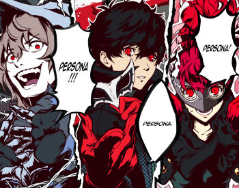 1girl 2boys akechi_gorou amamiya_ren andrich_galam black_hair black_jacket black_mask_(persona_5) brown_hair crazy crazy_eyes crazy_smile domain_expansion gloves hair_between_eyes highres jacket joker_(persona_5) long_hair long_sleeves looking_at_viewer multiple_boys open_mouth parted_lips persona persona_5 persona_5_the_royal ponytail red_eyes red_gloves red_hair short_hair smile speech_bubble violet_(persona_5) yoshizawa_kasumi