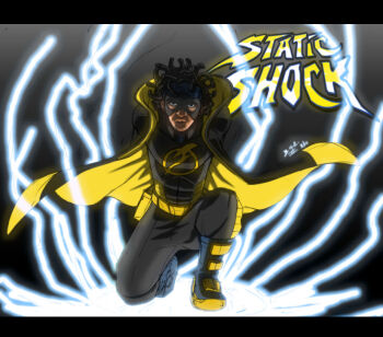 1boy belt black_hair black_pants boots copyright_name dark_skin dc_comics domino_mask dreadlocks electricity eye_mask goggles goggles_on_head jacket letterboxed lightning lightning_bolt_symbol lining male_focus mask pants simple_background solo squatting static_(dc) static_shock virgil_ovid_hawkins