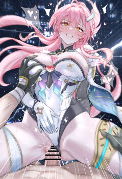 1boy 1girl absurdres aemeath_(wuthering_waves) bar_censor black_gloves blush breasts censored clenched_teeth clothed_sex clothing_aside commentary cowgirl_position cum cum_in_pussy daram_(shappydude) elbow_gloves game_screenshot_background girl_on_top gloves grabbing_another's_breast groping hair_ornament hand_on_own_stomach heart hetero highres large_breasts large_variant_set leotard leotard_aside long_hair male_rover_(wuthering_waves) nipples one_eye_closed open_mouth orange_eyes penis pink_hair pov pussy rolling_eyes rover_(wuthering_waves) screenshot_background sex star-shaped_pupils star_(symbol) straddling symbol-shaped_pupils teeth thighs vaginal variant_set white_gloves white_leotard wuthering_waves