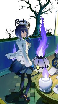 1girl :o bare_tree black_dress black_pantyhose black_shoes blue_gloves blunt_bangs bob_cut chandelure coat dress gen_5_pokemon gloves gwynn_(pokemon) hat highres imageprogram_(kent) lamppost long_sleeves nintendo open_mouth pantyhose partially_fingerless_gloves pokemon pokemon_(creature) pokemon_legends:_z-a purple_eyes purple_hair shoes short_hair tree white_coat