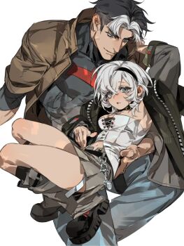 1girl 55_(26166616757) bat_signal batman_(series) batman_symbol black_bodysuit black_gloves bodysuit breasts brown_jacket chinese_commentary commentary_request dc_comics gloves grey_bodysuit highres jacket jason_todd multicolored_bodysuit muscular muscular_male oc_x_canon open_clothes pants red_hood_(dc) red_hood_and_the_outlaws small_breasts superhero_costume taut_bodysuit two-tone_bodysuit white_hair