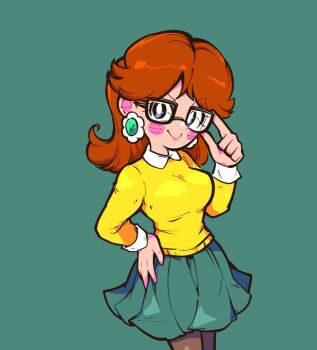 1girl adjusting_eyewear black_pantyhose brown_hair cindysuke earrings flower_earrings glasses green_background green_skirt hand_on_eyewear hashtag-only_commentary jewelry long_hair looking_at_viewer mario_(series) nintendo pantyhose princess_daisy simple_background skirt smile