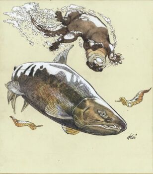 air_bubble animal animal_focus brown_background brown_theme bubble commentary_request fish honjo_kei leaf looking_at_animal monochrome no_humans original otter predation salmon_(fish) signature swimming traditional_media underwater