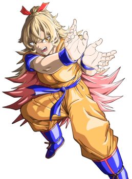 Rule 34 | 1girl, blonde hair, blue boots, boots, breasts, commentary request, cosplay, dougi, dragon ball, dragonball z, highres, kamehameha (dragon ball), large breasts, lee (dragon garou), long hair, multicolored hair, nijisanji, nui sociere, open mouth, orange eyes, pink hair, ponytail, solo, son goku, son goku (cosplay), two-tone hair, very long hair, virtual youtuber, wristband
