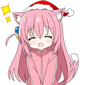 1girl :d ^_^ animal_ear_fluff animal_ears blush bocchi_the_rock! cat_ears cat_girl cat_tail christmas closed_eyes commentary_request cube_hair_ornament dot_nose facing_viewer fur-trimmed_headwear fur_trim gotoh_hitori hair_between_eyes hair_ornament hat jacket kemonomimi_mode kotatsu-mazoku long_sleeves one_side_up open_mouth pink_jacket red_hat santa_hat simple_background smile solo sparkle tail track_jacket upper_body white_background zipper