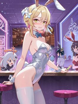 1boy 4girls amber_(genshin_impact) animal_ears armpit_crease bare_shoulders blonde_hair blush bow bowtie breasts clenched_teeth commentary covered_navel dango danraz0r detached_collar english_commentary fake_animal_ears fake_tail flower food genshin_impact gradient_hair hair_flower hair_ornament hairband highleg highleg_leotard highres indoors leotard looking_at_viewer lumine_(genshin_impact) medium_breasts multicolored_hair multiple_girls nose_blush paimon_(genshin_impact) playboy_bunny rabbit_ears rabbit_tail sanshoku_dango short_hair_with_long_locks stool strapless strapless_leotard sweat tail teeth thighhighs thighs venti_(genshin_impact) wagashi white_hair white_hairband white_leotard white_thighhighs wrist_cuffs yellow_eyes