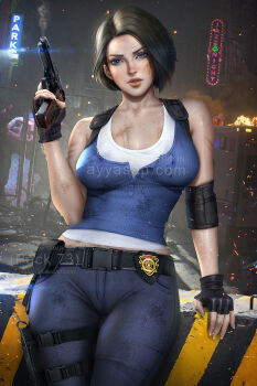 1girl artist_name ayya_sap black_gloves blue_eyes blue_pants blue_shirt breasts brown_hair fingerless_gloves gloves gun holding holding_gun holding_weapon jill_valentine midriff_peek pants police_badge resident_evil resident_evil_3:_nemesis resident_evil_3_(remake) shirt short_hair smoke smoking_barrel watermark weapon