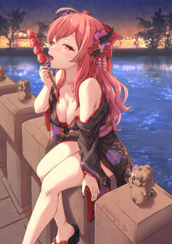 1girl ahoge artist_name black_kimono black_nails bow breasts brown_dust_(series) brown_dust_2 cleavage commentary_request demon_horns feet_out_of_frame food hair_bow hair_ornament highres holding holding_food horns implied_object_insertion japanese_clothes kimono liberta_(brown_dust_2) long_hair looking_at_viewer medium_breasts nail_polish off_shoulder open_mouth outdoors pink_hair red_eyes sakimiya_(inschool) sitting solo tanghulu tongue tongue_out yuridori_(brown_dust)