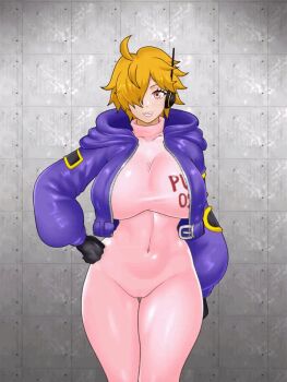 1girl animated animated_gif bodysuit breasts covered_navel curvy feet_out_of_frame gloves hair_over_one_eye hand_on_own_hip jacket konnandaakke large_breasts looking_at_viewer naughty_face one_piece open_clothes open_jacket orange_hair pink_bodysuit pink_eyes purple_jacket shiny_clothes talking vegapunk_lilith wide_hips