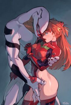 1boy 1girl adapted_costume artist_name bad_id bad_twitter_id blue_eyes breasts clothes_lift commentary cowboy_shot dress drooling english_commentary fingering gloves gradient_background hairpods hetero highleg highleg_dress imminent_rape interface_headset_(evangelion) interspecies large_hands lips long_fingers long_hair looking_at_viewer looking_to_the_side mass_production_eva mecha_pilot_suit molestation monster_boy muscular neon_genesis_evangelion no_eyes no_panties optionaltypo orange_hair pelvic_curtain pelvic_curtain_lift plugsuit_(evangelion) pussy pussy_juice pussy_juice_drip pussy_juice_trail red_dress red_gloves red_thighhighs simple_background skin_tight skindentation small_breasts souryuu_asuka_langley standing sweat sweatdrop the_end_of_evangelion thick_thighs thighhighs thighs two_side_up