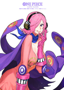 1girl blue_neckerchief commentary_request copyright_name curly_eyebrows dress eyelashes floating_clothes gloves hair_over_one_eye headphones highres looking_at_viewer medium_hair neckerchief official_art one_piece one_piece_card_game pink_dress pink_gloves pink_hair plunging_neckline purple_eyes simple_background smile solo sunohara_(encount) vinsmoke_reiju white_background